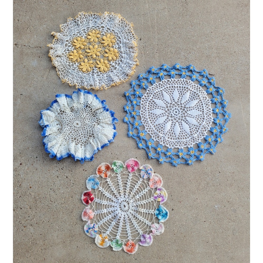 Lot 4 Vintage Hand Crocheted Doilies Round Multi Color Ruffled Lace Flowers-Read